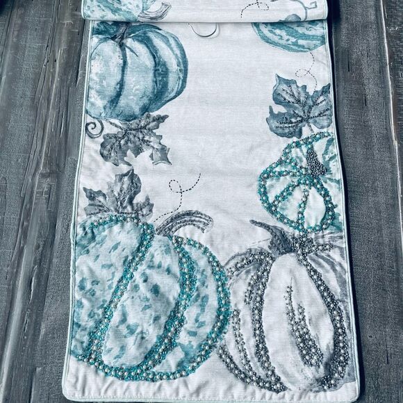 Fall Luxury Beaded Blue Gray Pumpkin Table Runner - Picture 4 of 5